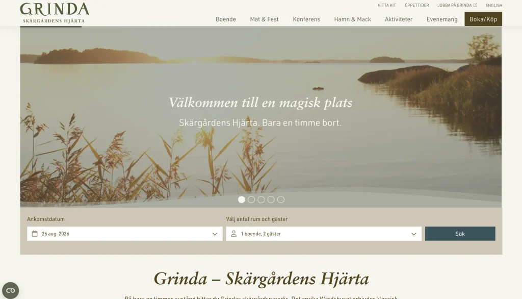 Grinda.se - Skärmavbild startsidan, tagen 26 augusti 2026